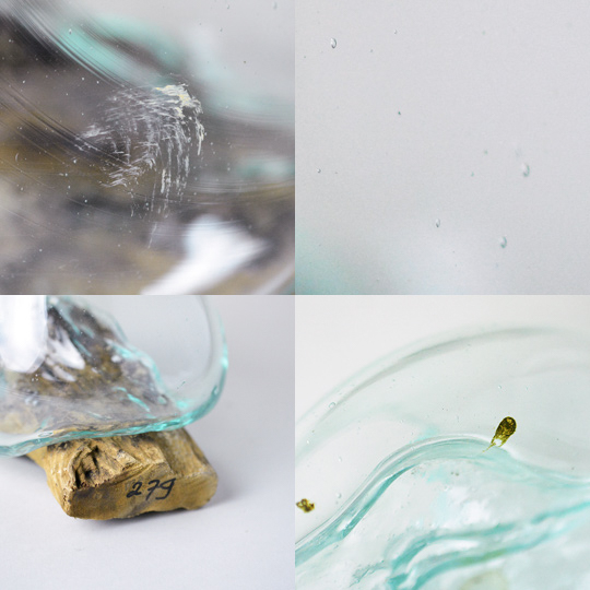 製作時にガラス部分に傷や気泡・不純物が混じってしまっているものや、 <br>流木に管理番号が残っているものもございます。ご了承ください