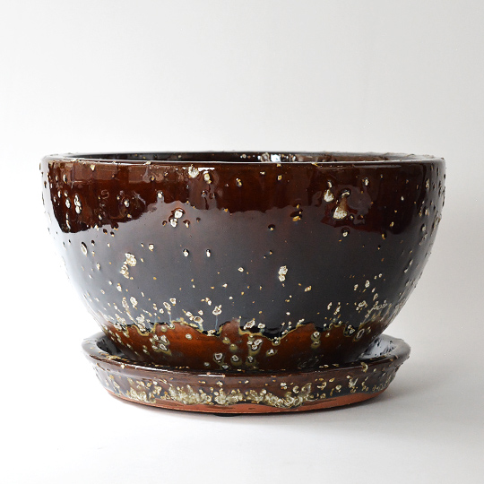 ブラウンの色合いがムード感のあるボウル形状の植木鉢